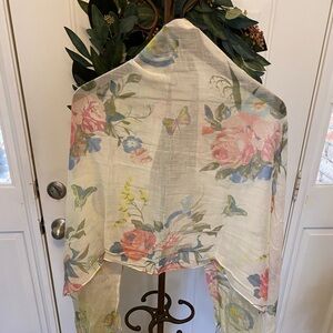 Pretty Pastel Floral and Butterfly Lightweight Scarf with Fringe